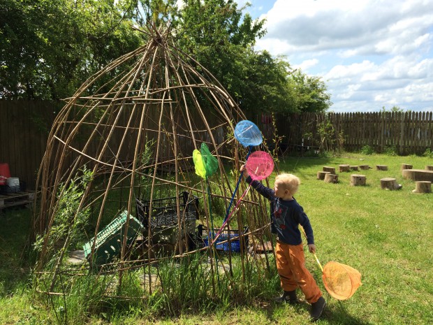 Grow a willow tent. Butterfly nets and toy telephones are easy to make toys for outside play